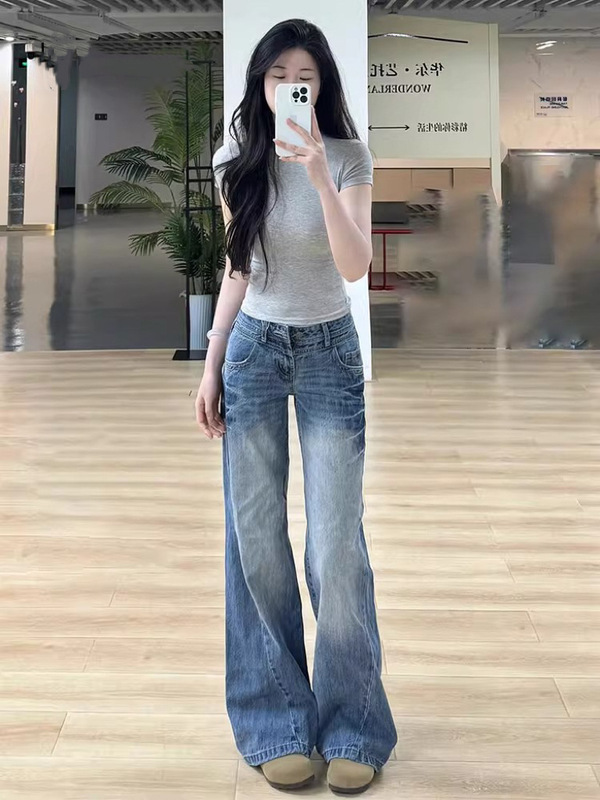 美式复古微喇牛仔裤女2025秋季新款低腰辣妹高街显瘦不贴腿拖地裤|undefined