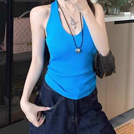 辣妹风蓝色针织挂脖吊带背心女夏季复古显白显瘦别致美背无袖上衣