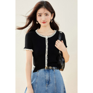 2025 Summer Patchwork Lace Fashion All-match High-end Sense Knitwear Cardigan Top