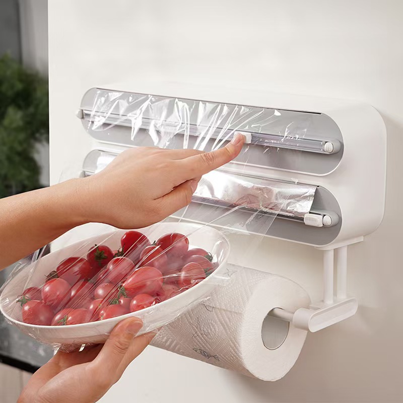 Three-In-One Multifunctional Plastic Wrap Cutter, Kitchen Paper Lazy Rag Holder, Magnetic Suction, Wall-Mountable Two-Way Sliding Knife
