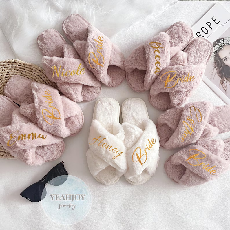 Cross-Border Hot Selling Etsy Amazon One Piece Customized Personalized Plush Cross Slippers Bride Bridesmaid Gift Slippers E