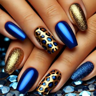 Mid-Length European Square Manicure Patch Blue Leopard Print Gold Glitter Blue Glitter Classy Export European and American Style