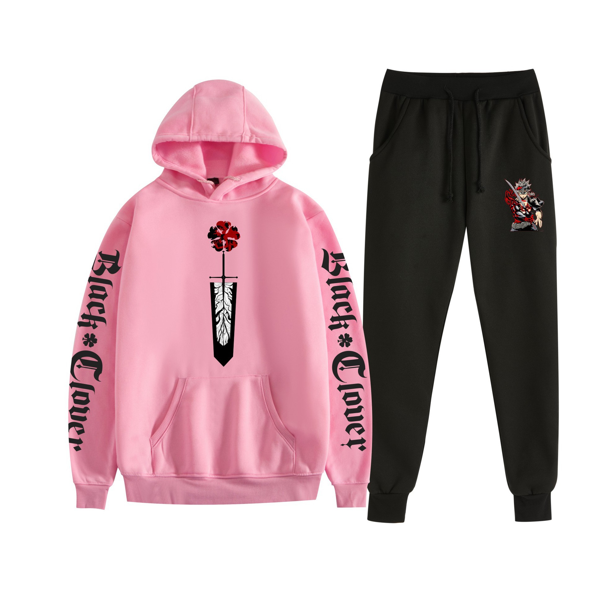 Trébol de cuatro hojas negro nuevo estilo transfronterizo Black Clover pareja suéter con capucha hombres y mujeres pantalones de dos piezas