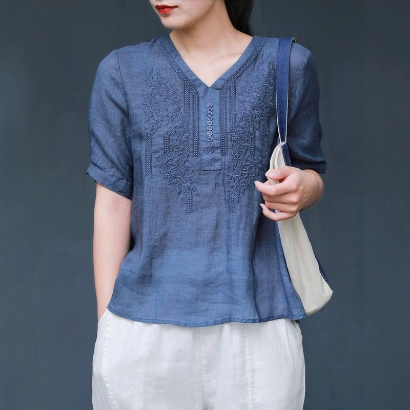 Cotton and Linen Shirt for Women, Short-Sleeved, 2026 Summer New High-End Linen Top, Loose Linen T-Shirt with Embroidery Cotton and Linen Shirt for Women, Short-Sleeved, 2026 Summer New High-End Linen Top, Loose Linen T-Shirt with Embroidery