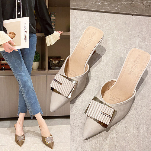 Back empty toe slippers 2024 new style pointed toe stiletto high heel half slippers for women to wear fashionable temperament sandals