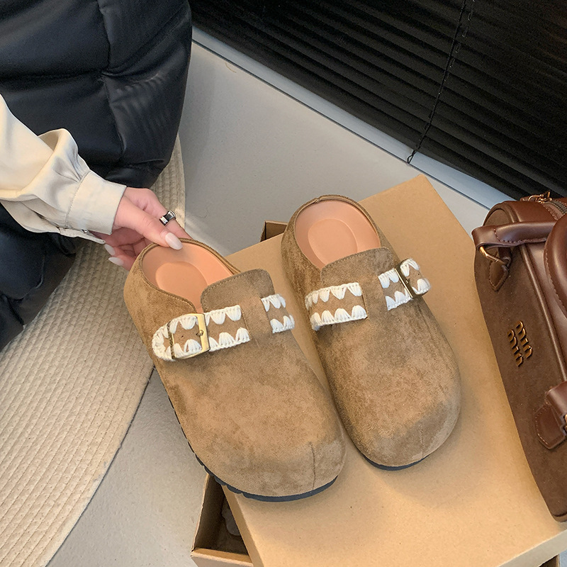 厚底一脚蹬懒人鞋女2025春季新款外穿包头半拖鞋皮带扣时尚勃肯鞋|undefined