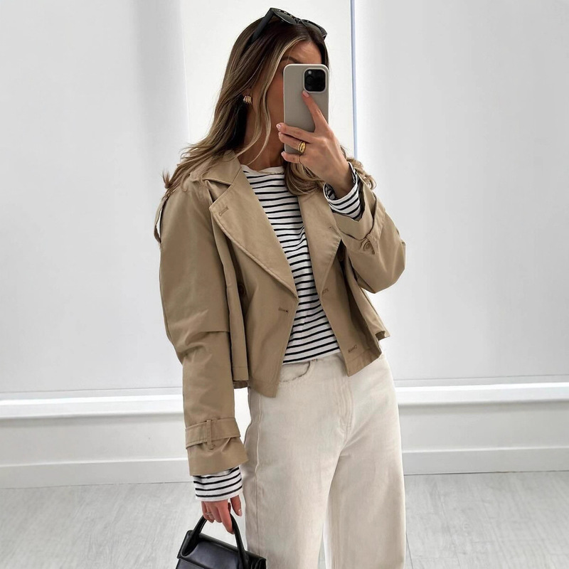 European and American Clothing 2025 Spring & Fall New Style Lapel Double-Breasted Short Windbreaker Jacket Top A14075