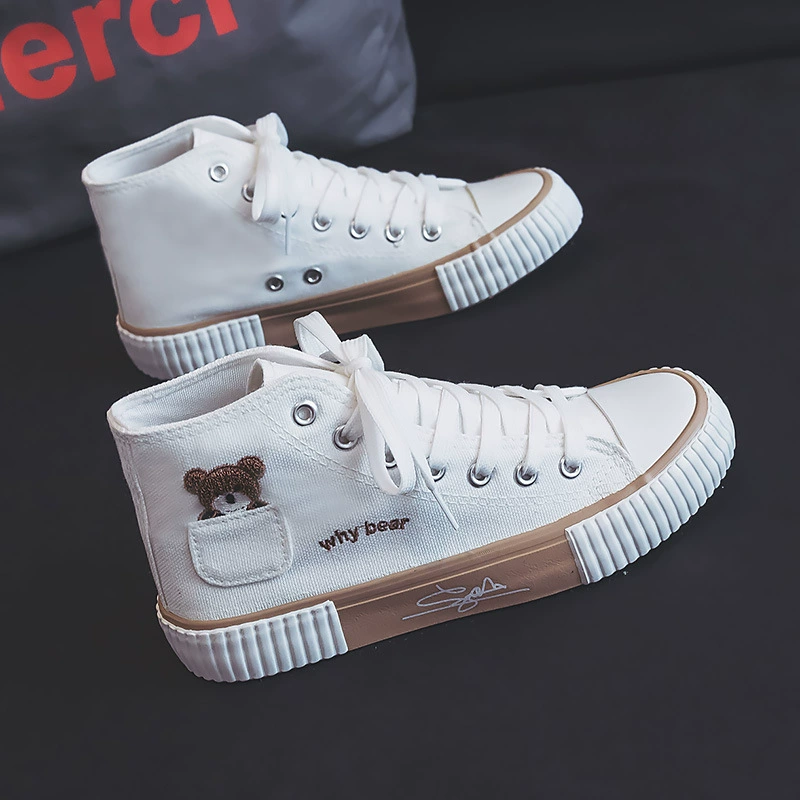 Высокие парусиновые туфли Bear для женщин ulzzang универсальные модные кроссовки на плоской подошве белые туфли для студентов 2023 Новинка