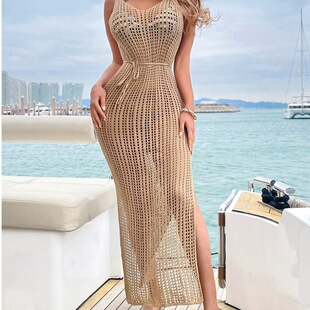 Spring and Summer New Amazon Beach Cover-Up Knitted Bikini Sun Protection Shirt Loose Solid Color Hollow Dress for Women