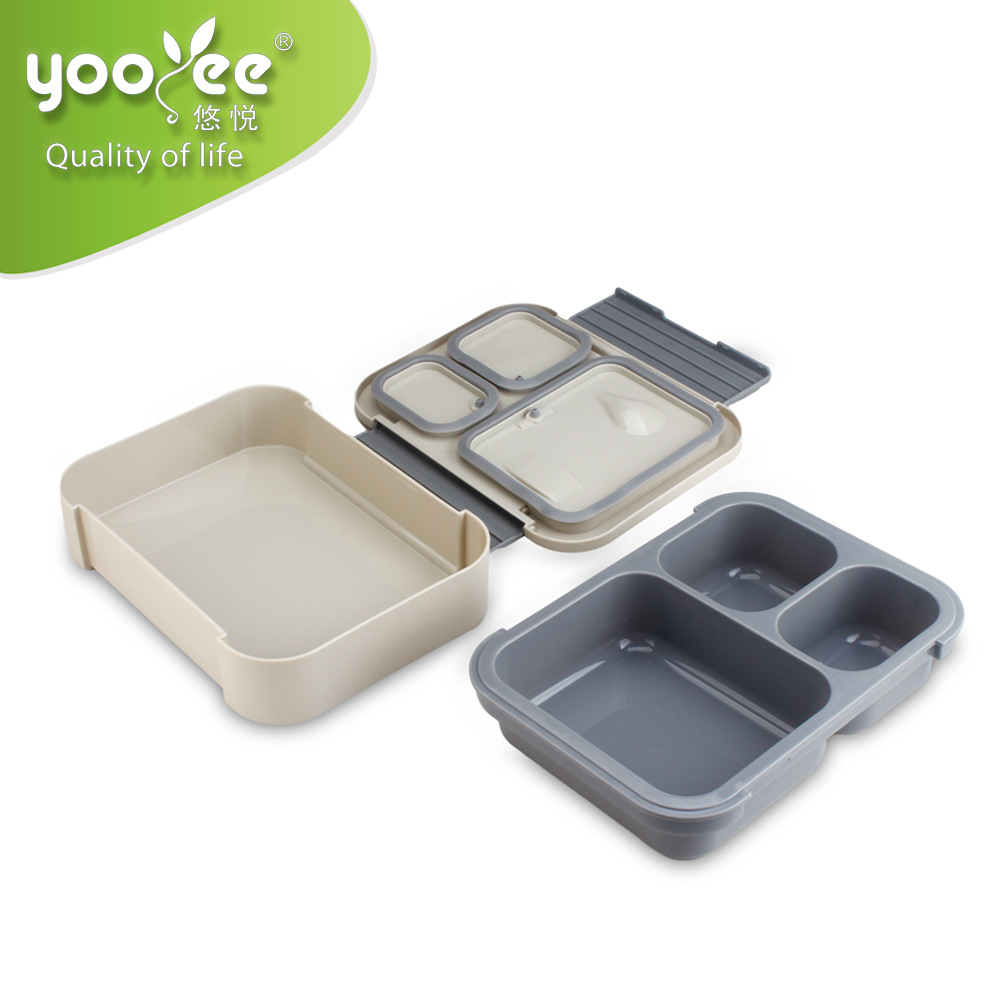 Youyue estudiante caja de almuerzo horno de microondas Calefacción de plástico geométrico de tres rejillas caja de almuerzo compartimiento de trabajador de oficina caja de almuerzo sellada