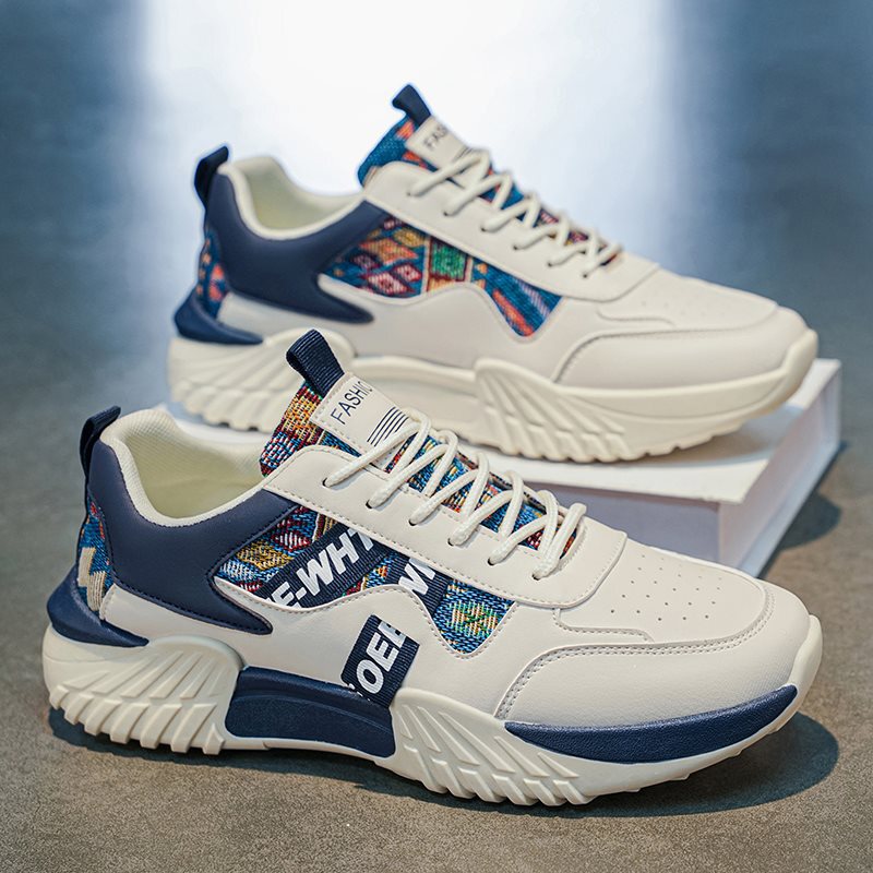 Men's thick-soled dad shoes, low-top lace-up design, ethnic-style patchwork, non-slip and wear-resistant, suitable for everyday wear, trendy, casual, and athletic