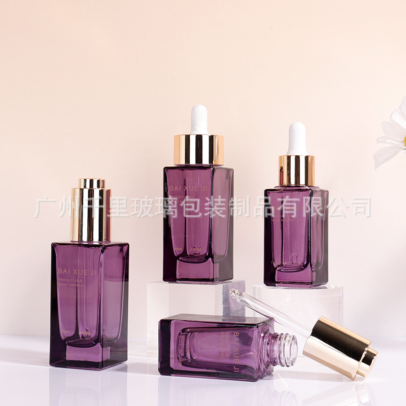 现货10ml透明方形滴管精华液玻璃瓶30ml护发精油分装瓶50ml厚底瓶