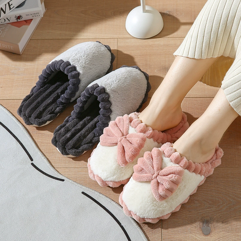 Новые милые хлопковые тапочки с большим бантом, женские зимние домашние теплые толстые тапочки Мао, напольные тапочки для мужчин