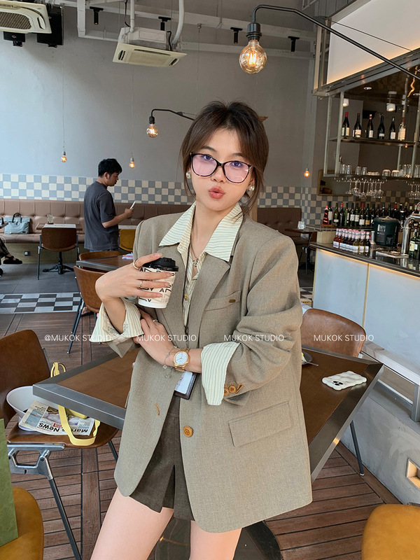 MUKOK 柏林春叶~感廓形西装外套女春季新款复古宽松休闲西服|undefined
