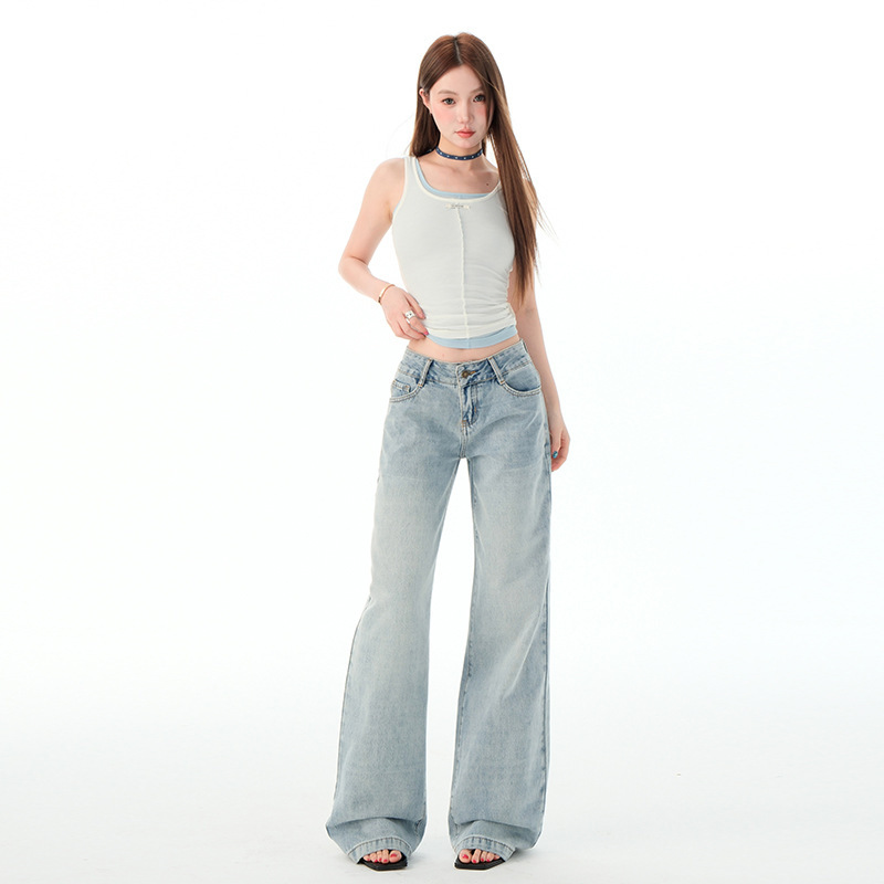 light blue Low Waist Straight Jeans Women's 2025 Spring and Summer New Loose Slimming All-match Spice Girls Wide Leg Pants