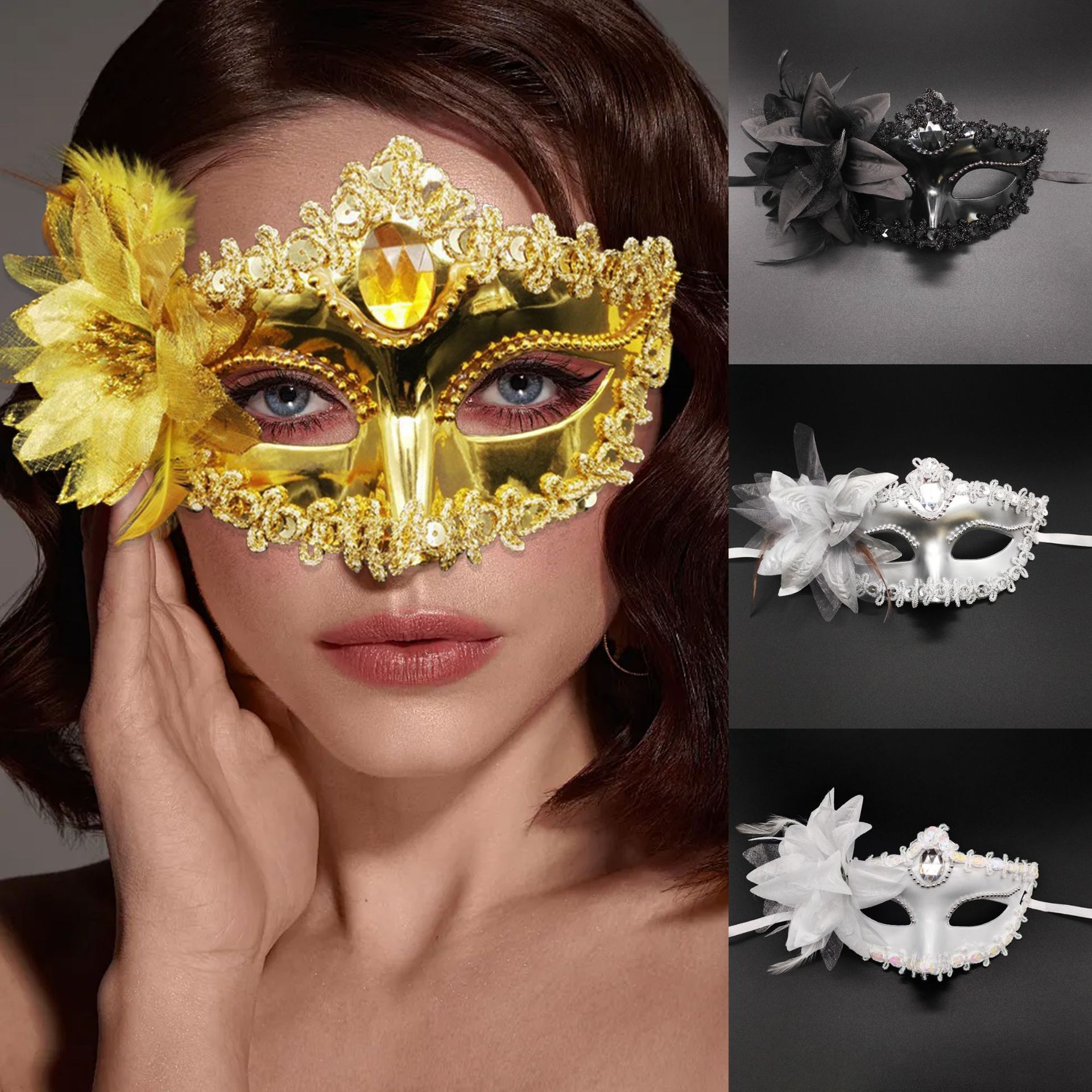 Amazon venta caliente lirio galvanizado pintura lateral flor veneciana princesa máscara de baile punta máscara de mitad de cara