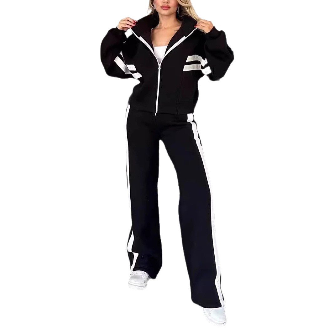 2025 European And American Cross-Border Autumn Foreign Trade Y2K Striped Zipper Jacket Casual Sports Suit For_ecoleips.com