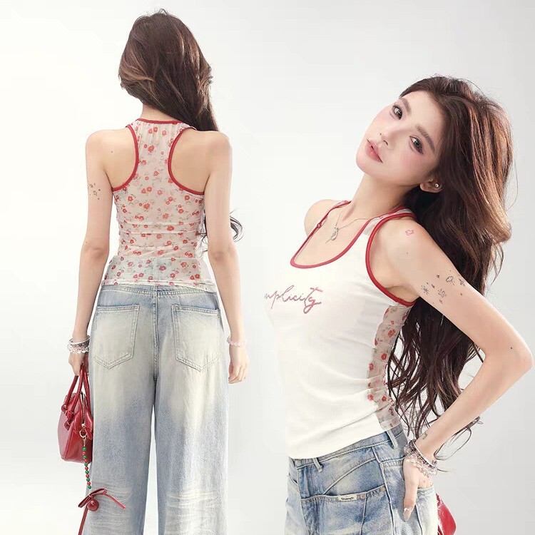 American Hot Girl Letter I-Shaped Camisole Women's Summer Outer Wear Design Slim Holiday Style Sleeveless Top