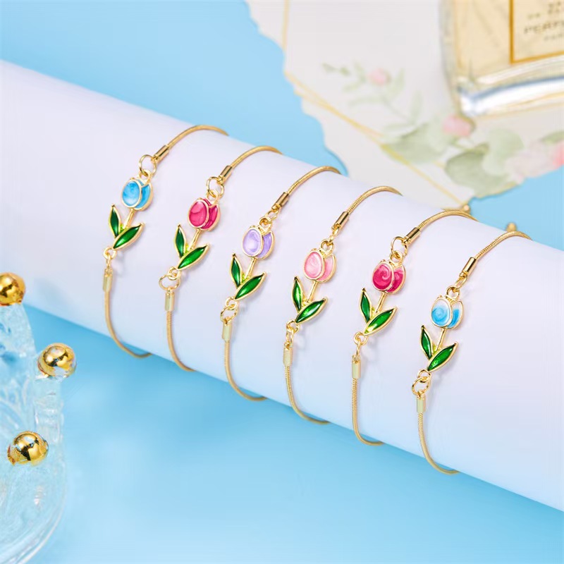 Cross-Border European and American Women's Versatile High-End Temperament Sweet Flower Summer Tulip Bracelet New Oil Painting Bracelet