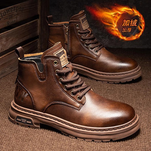 Martin Boots Men's 2024 Autumn and Winter New Arrival fleece-lined Tooling Boots Retro British Men's High-Top Fashionable Leather Cotton Shoes