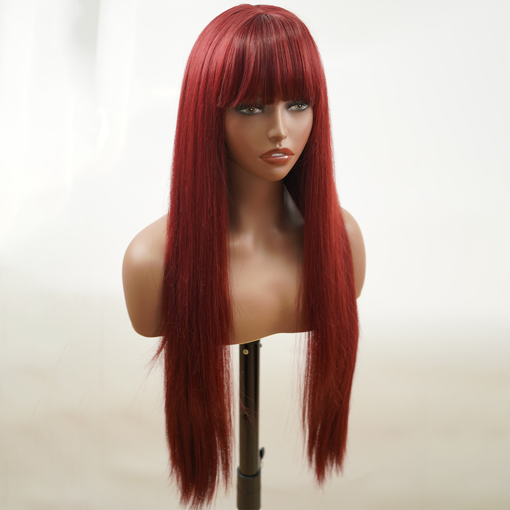 Parrucca in fibra chimica all'ingrosso della fabbrica copricapo filo ad alta temperatura 99J bordeaux frangia d'aria meccanismo di capelli lunghi lisci parrucche con riga centrale_voghion.com