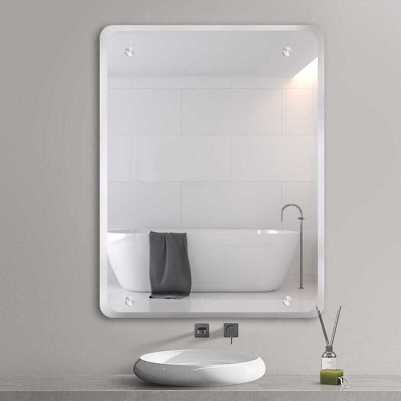 Espejo de baño sin marco montado en la pared espejo cosmético venta al por mayor tamaño lente cuatro esquinas punzonado hotel ingeniería espejo