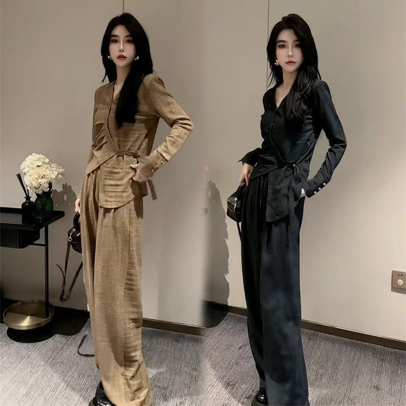 时尚洋气套装女2025春季新款不规则设计上衣宽松显瘦阔腿裤两件套|undefined
