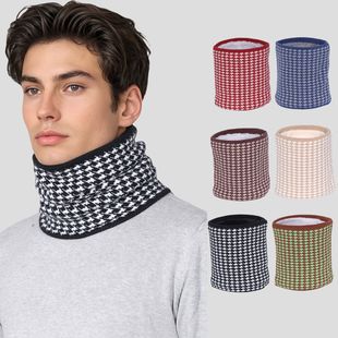 Fleece-Lined Thickened Neck Warmer for Men, Houndstooth Knitted Pullover Scarf for Women, Double-Layered Warm Neck Protector, Light Luxury Style