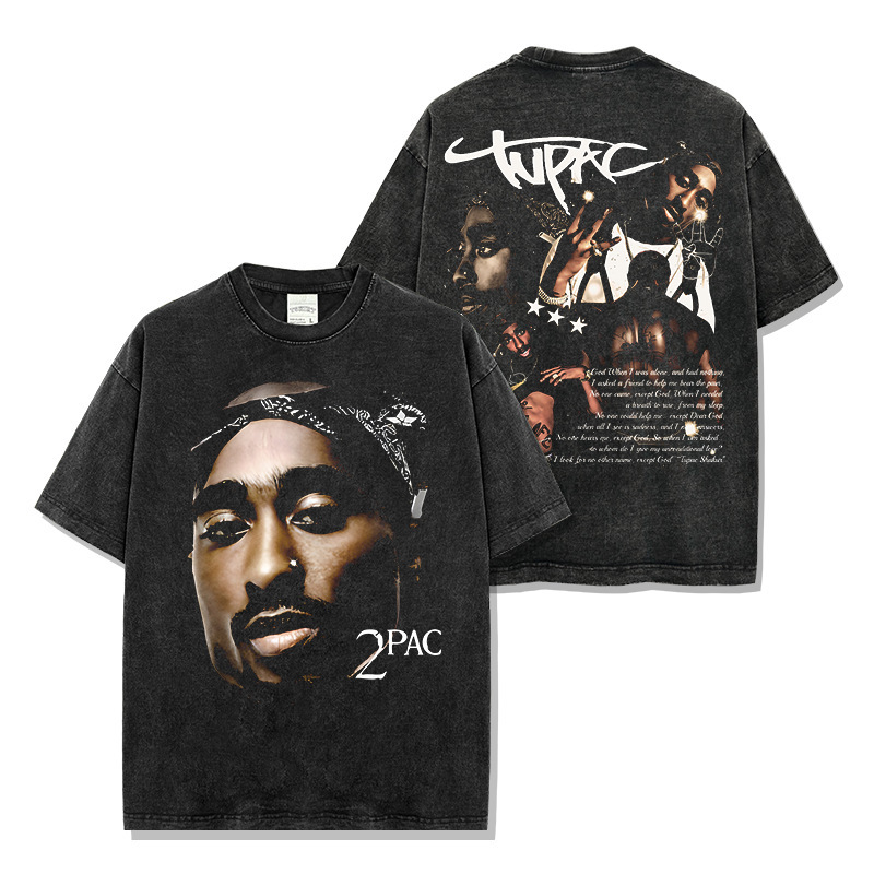 Cross-Border American Retro Tupac Printed Short-Sleeved T-Shirt Vintage Loose Heavy Round Neck Hooded Sweatshirt for Men and Women