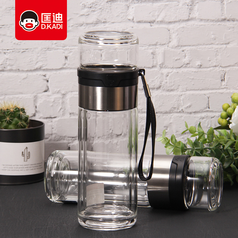 Kuangdi 351 Double-Wall Glass Tea & Water Separation Cup: Business Gift Glass Water Bottle with Portable Lanyard and Easy-Grab Design
