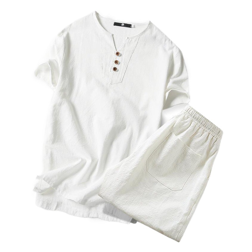 Comercio exterior 2020 verano hombres de lino casual más tamaño pantalones cortos de manga corta traje de algodón y lino de los hombres de color sólido camiseta camisa de fondo