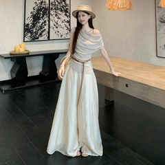 Shimei リゾートスタイルスーツ ゆったり斜め肩半袖Tシャツ レディース 夏 スリムワイドレッグパンツ 2点セット