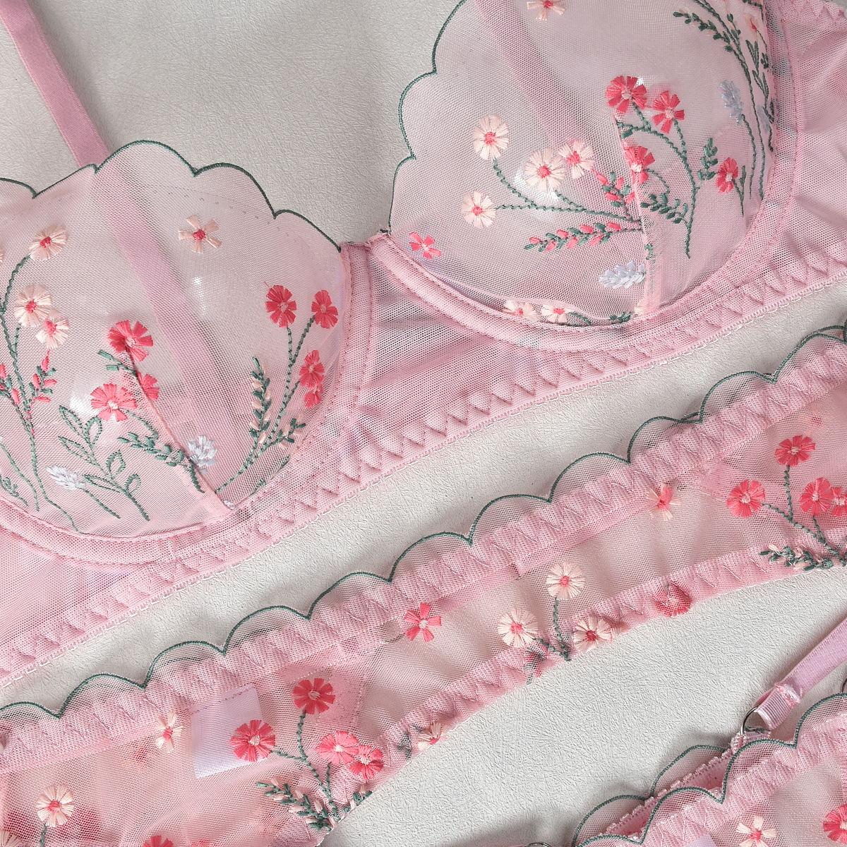 73g Weight Sleeveless Sleeve Length Sexy Lingerie Lingerie Type Mesh Yarn Fabric Type Sexy Lingerie Sets Sets Type 4 Pieces Set Quantity Home, Sleeping Occasion Strap Neckline Flower Pattern All Seasons Season Women's Gender Embroidery Design Sexy Style Women's Sexy Flower Sexy Lingerie Sets Home Sleeping Embroidery Sexy Lingerie 9