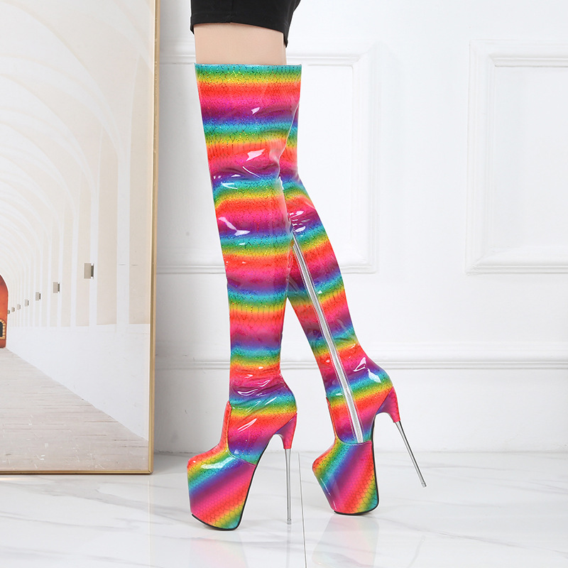 Boot nữ cổ cao ôm bắp chân gót 19 cm sọc cầu vồng phong cách Âu Mỹ — Màu hoa