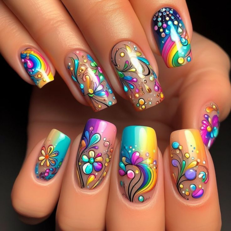 European-style European-American wearing armour rainbow flowers multicolor stitching gradient fake nails nails nail art TA-76 European-style European-American wearing armour rainbow flowers multicolor stitching gradient fake nails nails nail art TA-76