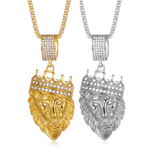 欧美跨境爆款嘻哈HIPHOP饰品 钛钢镀金镶钻皇冠狮子头吊坠项链