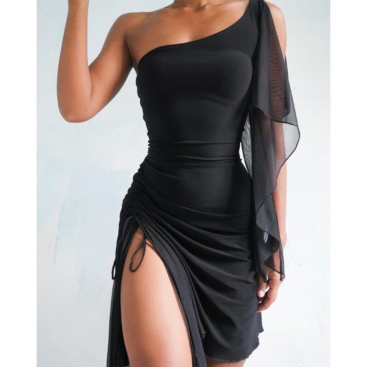 2026 Summer New Style Mid-Length Foreign Trade Off-Shoulder Mesh Sleeve Slit Skirt Irregular Hem Drawstring Dress for Women