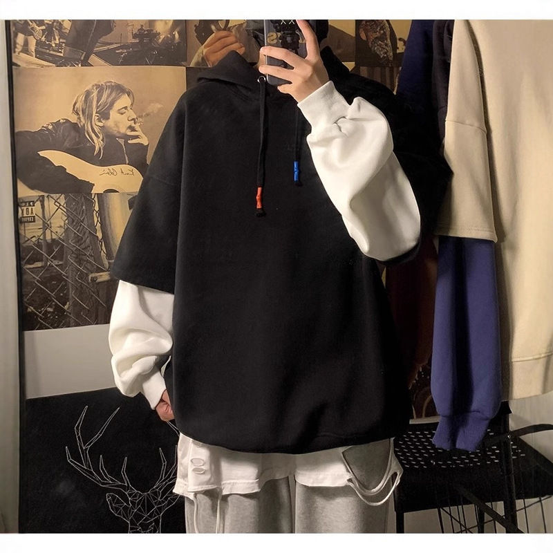 Teenagers' Fake Two-Piece Hooded Velvet Sweatshirt Men's Autumn and Winter New Couple Trendy Brand Hip-Hop Simple Versatile Top Trendy