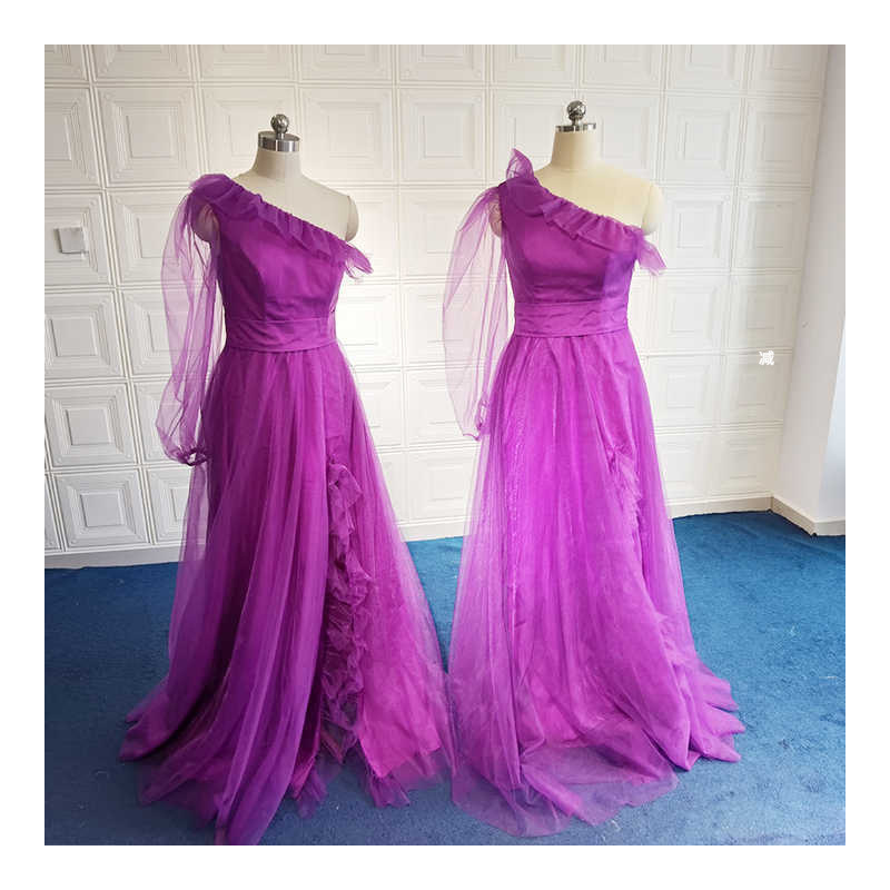 Colorful mesh one-shoulder high waist asymmetric sleeve skirt daily dress three-dimensional pleated shooting long dress evening dress Colorful mesh one-shoulder high waist asymmetric sleeve skirt daily dress three-dimensional pleated shooting long dress evening dress