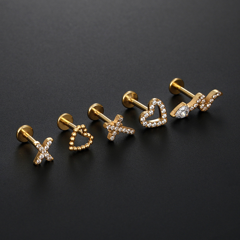 Fashion Heart Shape Titanium Steel Plating Zircon lip stud 1 Piece