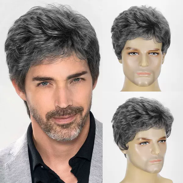 New European and American Style Men's Black-Gray Synthetic Fiber Short Wig for Business Styling, Factory Wholesale Wig in Stock