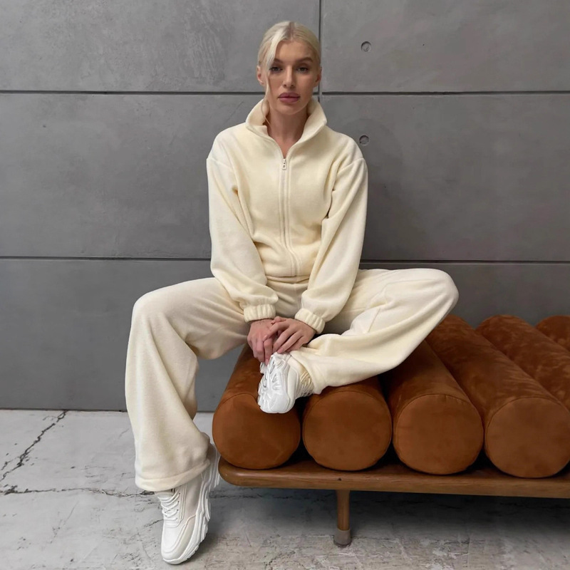 European and American Cross-Border Casual Women's Polar Fleece Suit Thick Solid Color Long-Sleeved Zipper Cardigan Elastic Wide-Leg Pants Two-Piece Set