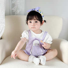 婴儿连体衣夏季新款短袖女宝宝紫色梦幻兔哈衣新生儿衣服婴儿服装