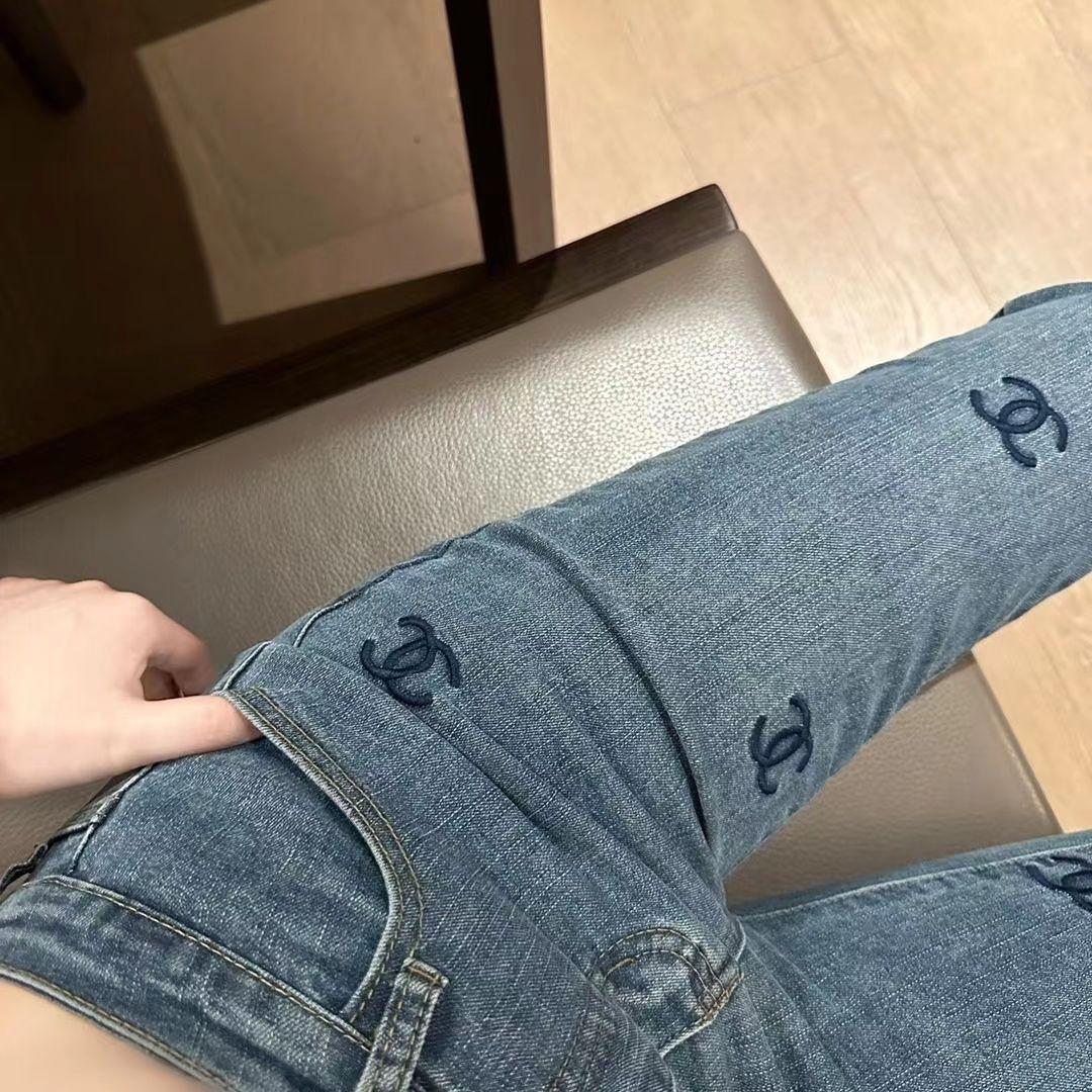 外单小香满刺绣牛仔铅笔裤女春夏新款高腰弹力小脚裤毛边紧身长裤