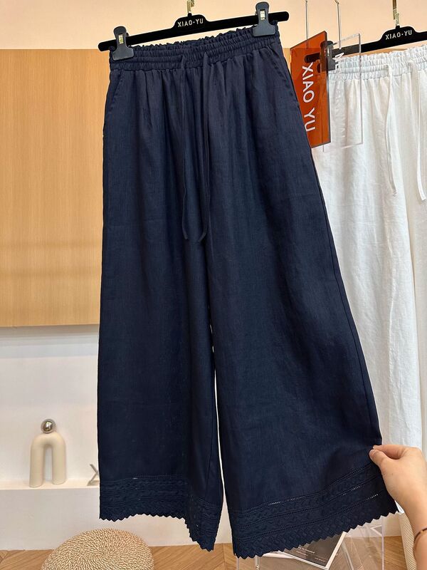 特大サイズ 120kg ヨーロッパ夏のハイエンドファッション中空刺繍ステッチリネンルーズ 9 点カジュアルパンツ女性用|undefined