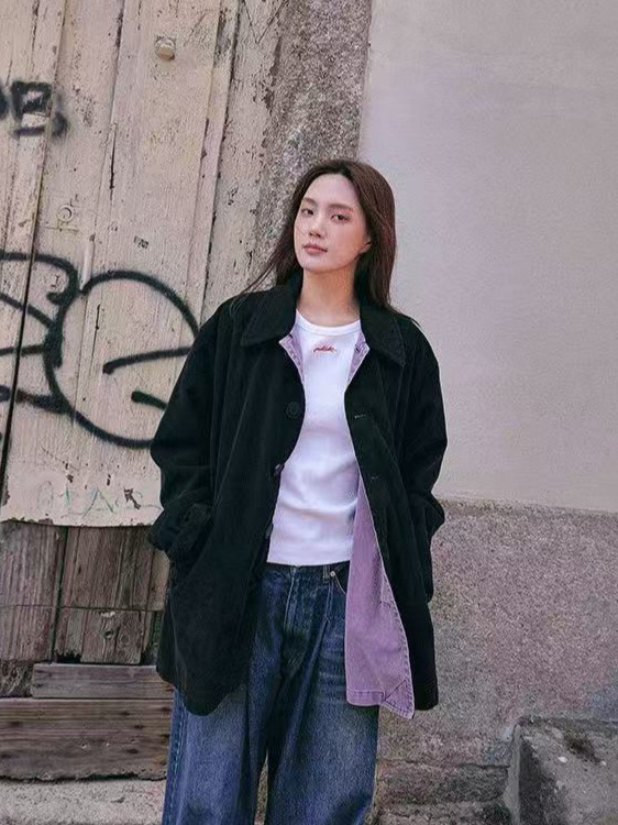 【预】2025秋季SPE*LL灯芯绒拼接夹克复古休闲宽松中长外套女|undefined