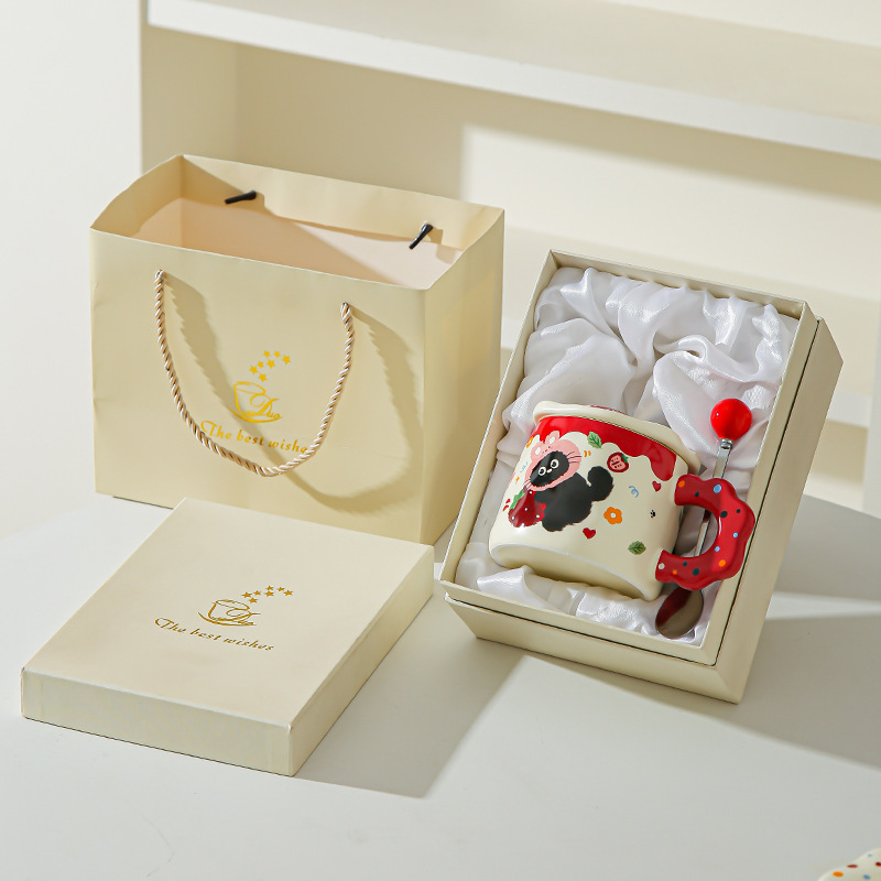 Con cubierta encantador conjunto de dibujos animados gato negro tazas de alto valor pareja tazas de cerámica tazas de agua marca regalo acompañante