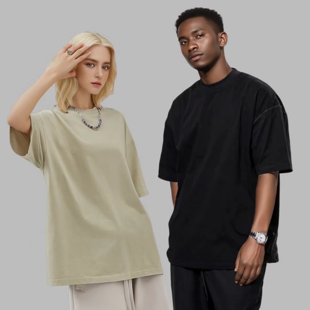 350g camiseta de manga corta transfronteriza hombre cuello pequeño color sólido suelto estilo hip-hop americano camisa de moda