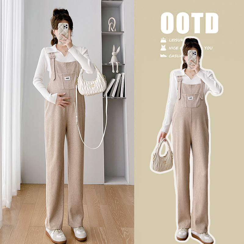 Real shot in stock pregnant women's autumn clothing suit spring and autumn knitted top pregnant women's pants autumn outer wear suspender pants two-piece suit