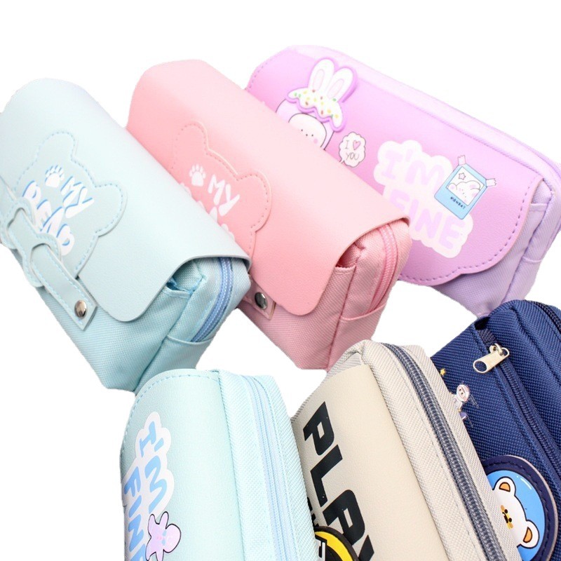 Bolsa de lápices al por mayor Bolsa de lápices de doble capa de gran capacidad simple de dibujos animados Bolsa de papelería de moda de tela Oxford Bolsa de almacenamiento de lápiz lindo